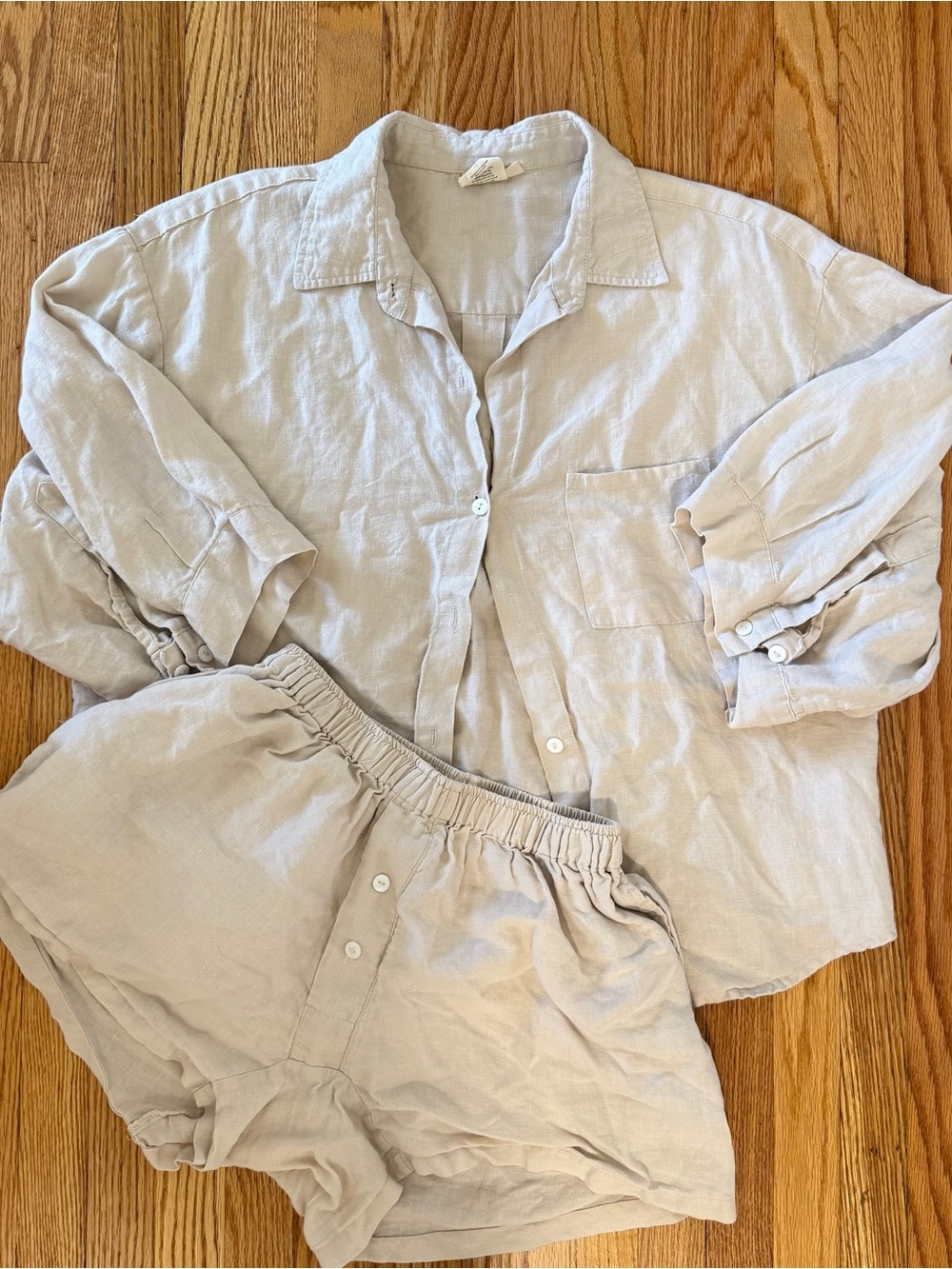Deiji Studio 03 Set Relaxed Linen Button-Up Shirt & Shorts Set - Light Beige